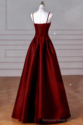 A-Line Sweetheart Neck Satin Burgundy Long Prom Dress, Burgundy Long Formal Dress